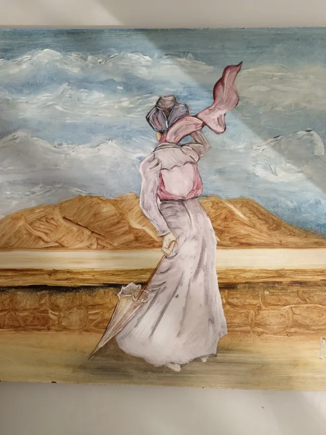 Pintura de mujer con paisaje