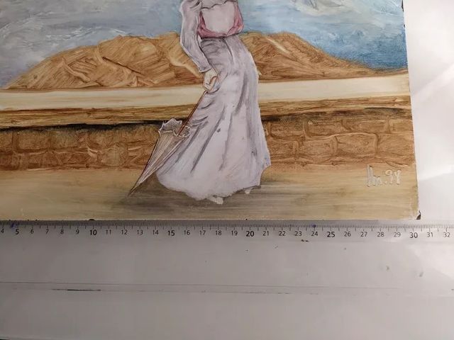 Pintura de mujer con paisaje