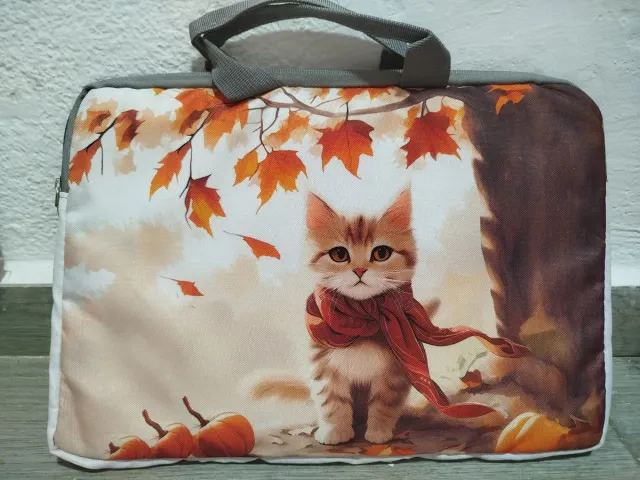 Funda portátil acolchada con diseño de gato/otoño