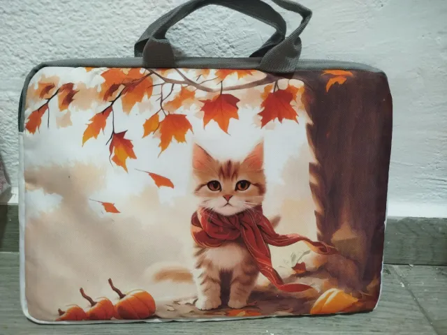 Funda portátil acolchada con diseño de gato/otoño