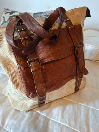 Bolso Massimo Dutti Piel y Lona Beige