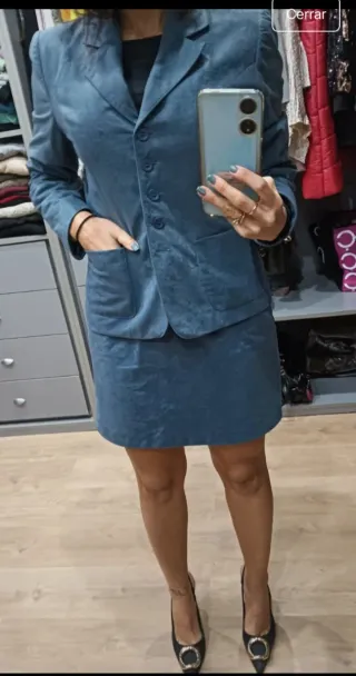 Traje Ante Azul Pavo Chaqueta y Falda