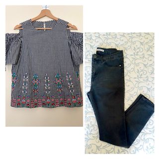 Vaquero negro pitillo + blusa cuadros - talla M