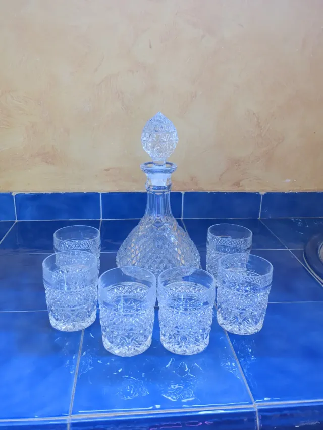 Juego Decantador y Vasos de Cristal Tallado