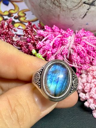 Anillo Plata Ley Labradorita Natural Azul