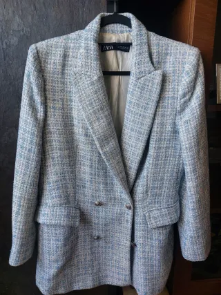 Blazer Zara Tweed Azul y Blanco