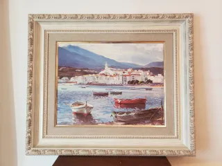 Cuadro paisaje marino con barcas. 