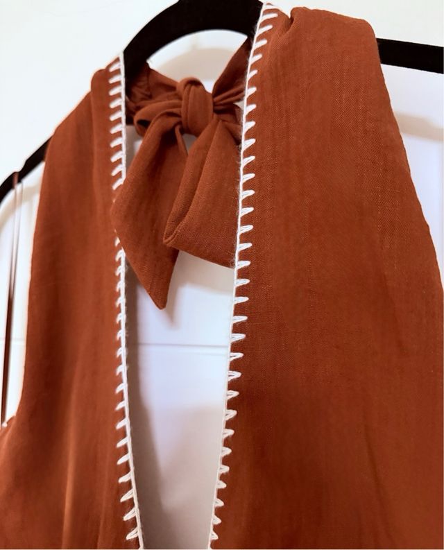 Vestido midi halter, tipo lino, teja, L, Zara