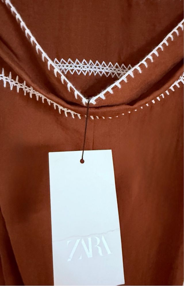 Vestido midi halter, tipo lino, teja, L, Zara