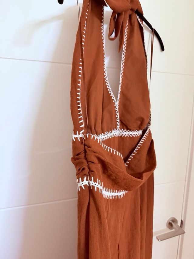 Vestido midi halter, tipo lino, teja, L, Zara