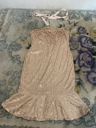 Vestido fiesta lentejuelas flecos sin tirantes