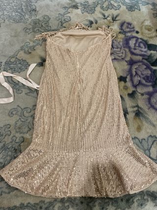 Vestido fiesta lentejuelas flecos sin tirantes