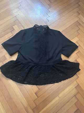 Zara Camicetta Nera Pizzo Manica Corta