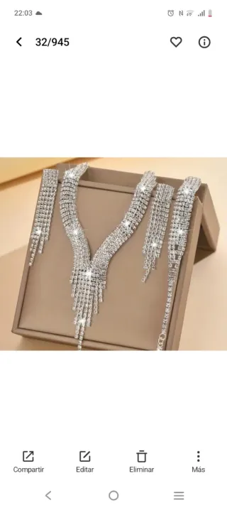Collar, pulsera  y pendientes plateado con cristal