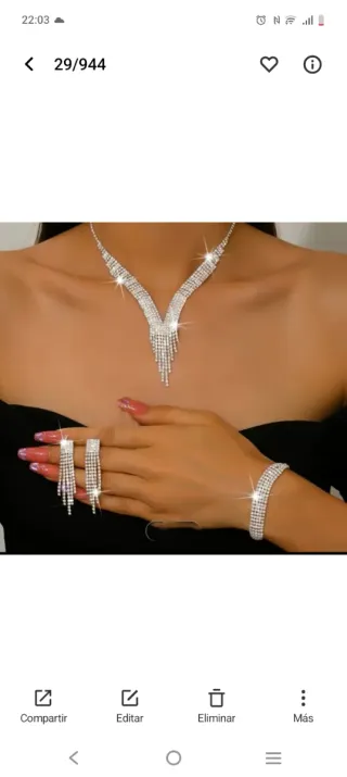 Collar, pulsera  y pendientes plateado con cristal