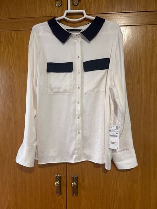 Camisa Zara Beige y Azul Talla XXL