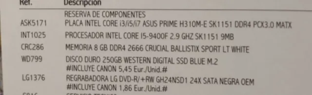 PC Sobremesa I5 9400F 2.9ghz