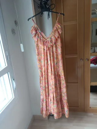 Vestido largo estampado naranja y rosa