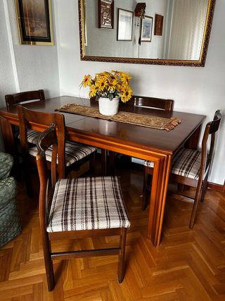 Mesa extensible y 6 sillas de madera maciza. 