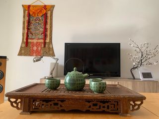 Mesa de té madera con bandeja recoge té 