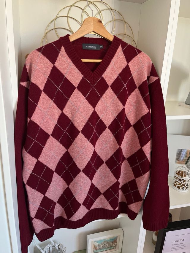 Jersey Cortefiel rombos lana burdeos rosa