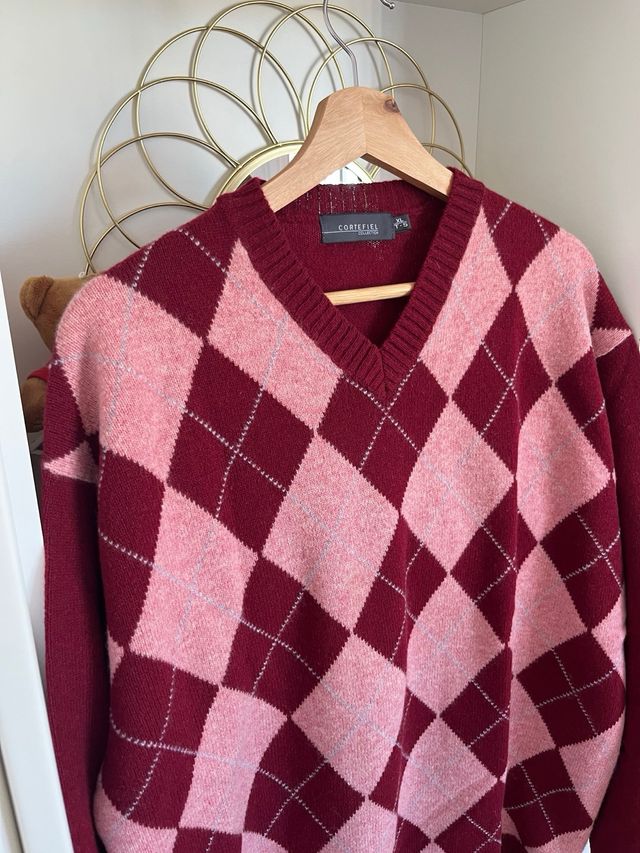 Jersey Cortefiel rombos lana burdeos rosa