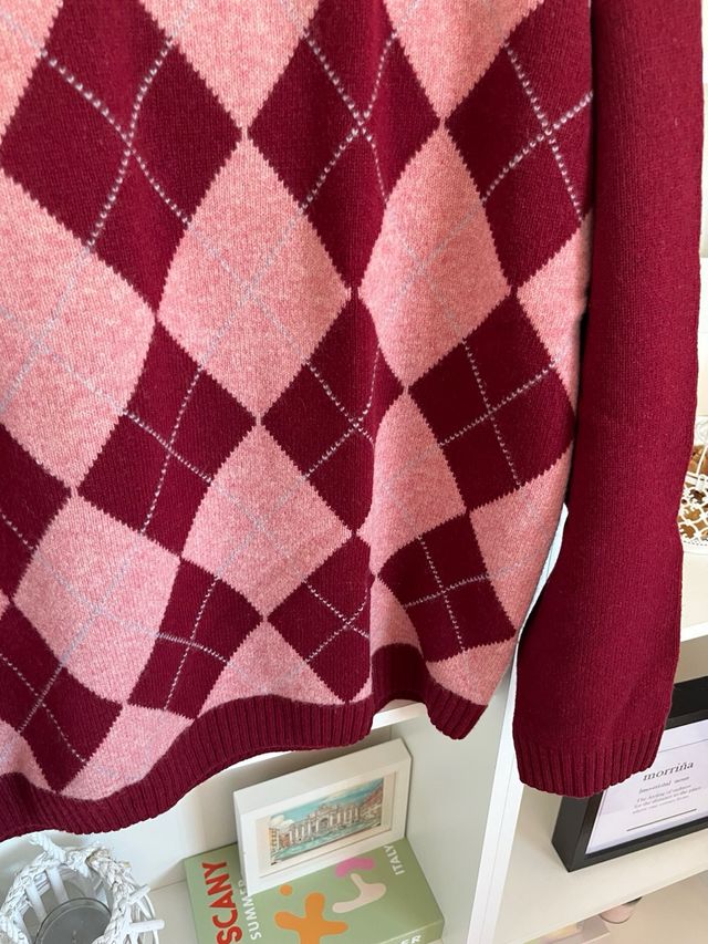 Jersey Cortefiel rombos lana burdeos rosa