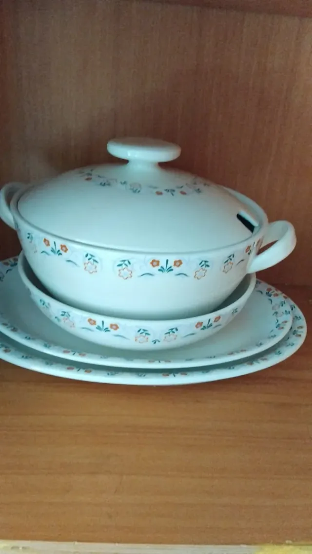 Sopera y platos de porcelana con flores