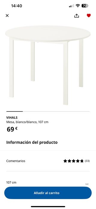 Mesa comedor redonda blanca VIHALS 107 cm

