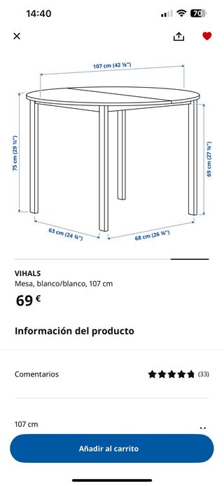 Mesa comedor redonda blanca VIHALS 107 cm
