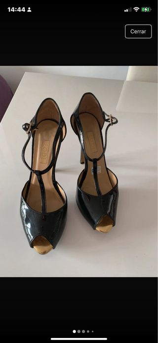 Zapatos Sandalia Charol LODI Negro y Dorado