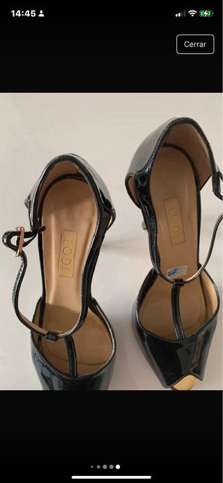 Zapatos Sandalia Charol LODI Negro y Dorado
