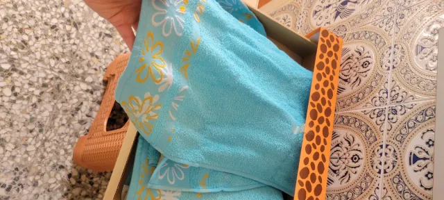 Juego de toallas algodón teal y amarillo