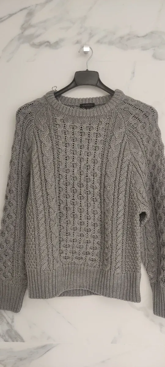 Jersey CAROL gris talla S tejido trenzado lana 50,