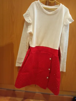 Vestido infantil rojo y blanco con bolso