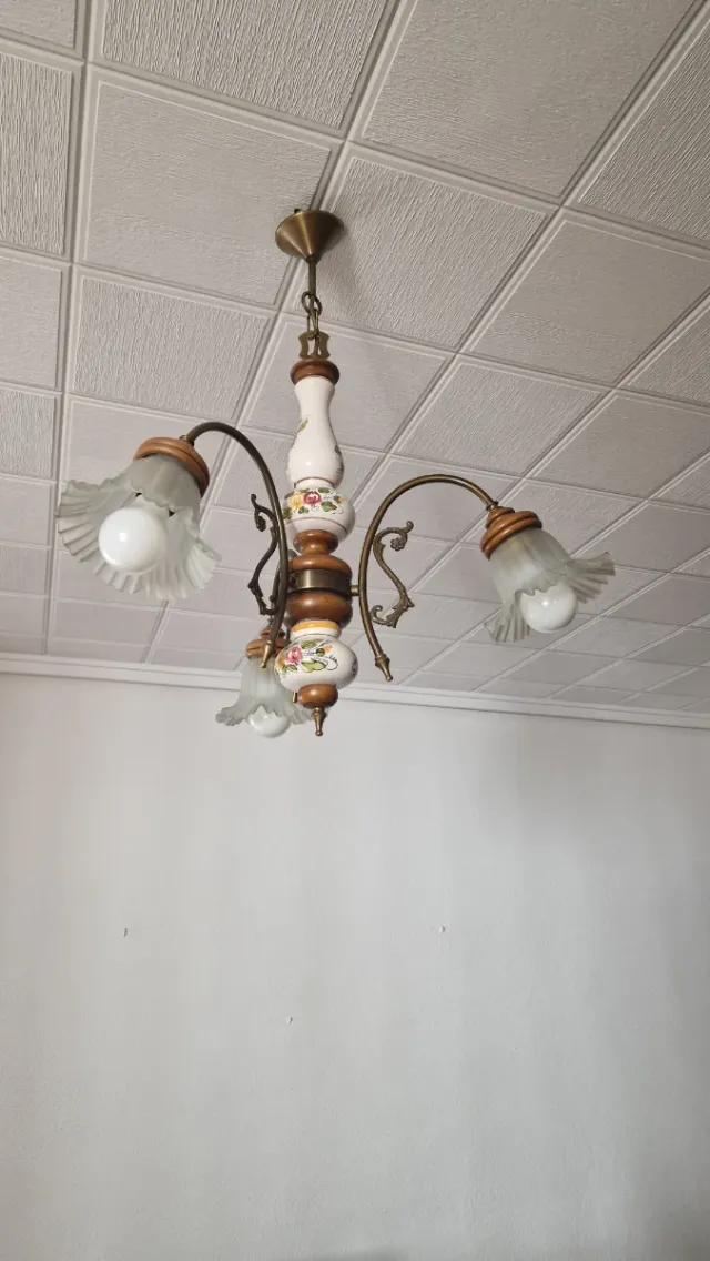 Lámpara cerámica, madera y cristal