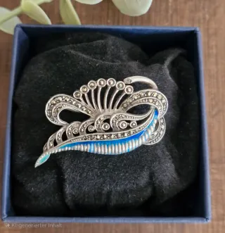 Broche Vintage Plata 925 Esmalte Azul Marcasitas