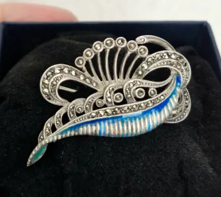 Broche Vintage Plata 925 Esmalte Azul Marcasitas