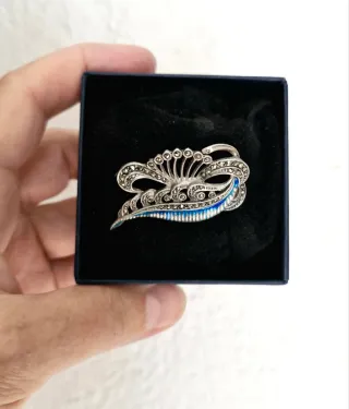 Broche Vintage Plata 925 Esmalte Azul Marcasitas