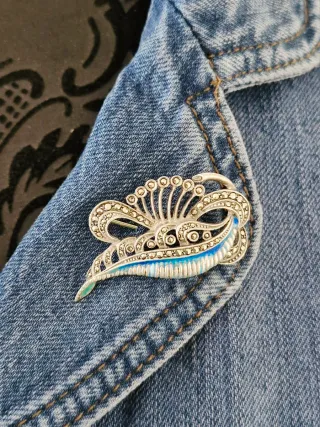 Broche Vintage Plata 925 Esmalte Azul Marcasitas