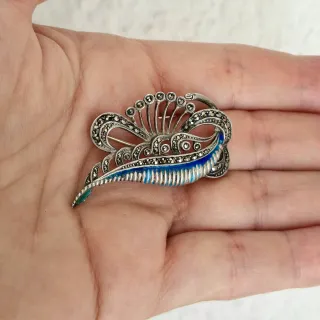 Broche Vintage Plata 925 Esmalte Azul Marcasitas