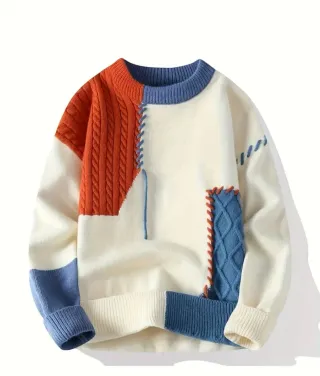 Jersey patchwork hombre azul y naranja