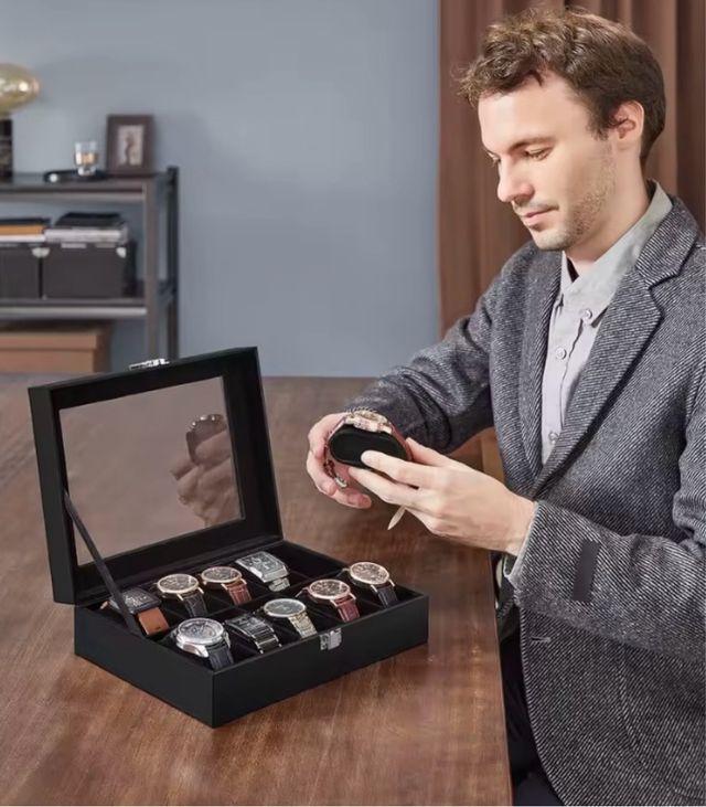 Scatola per 10 orologi con coperchio in vetro