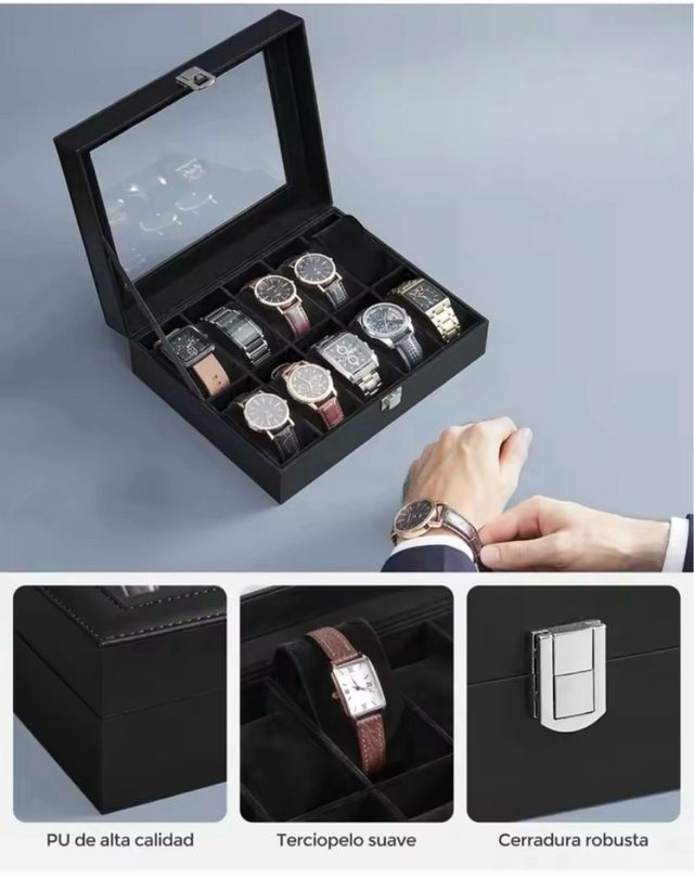 Scatola per 10 orologi con coperchio in vetro