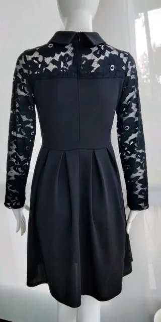 Vestido negro encaje y crepé manga larga
