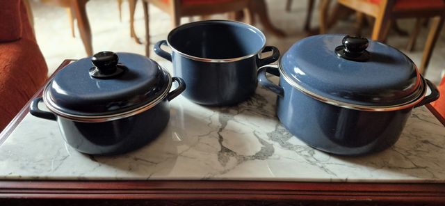 Juego Ollas Esmaltadas Vintage Azul/Negro