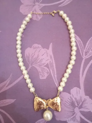 Collar perlas lazo azul y perla muy antiguo 