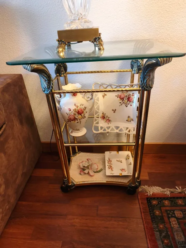 Mesa centro y auxiliar de hierro y cristal