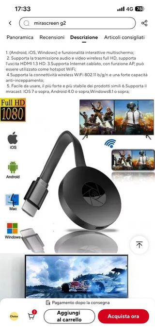 G2 Mirroring Schermo Wireless 1080p
(Android, iOS,