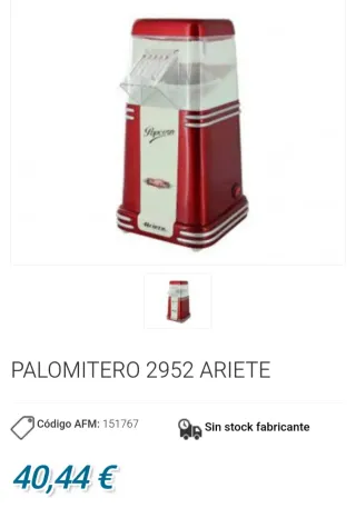 Máquina de Palomitas Ariete Roja